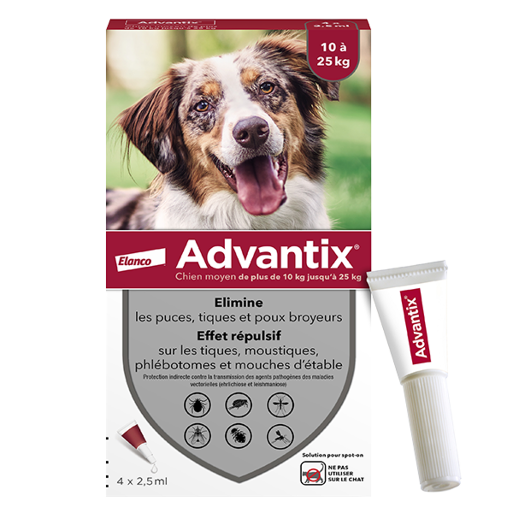 ADVANTIX moyen chien 10-25kg - 4 Pipettes Anti-Puces et Anti-Tiques - 2,5ML