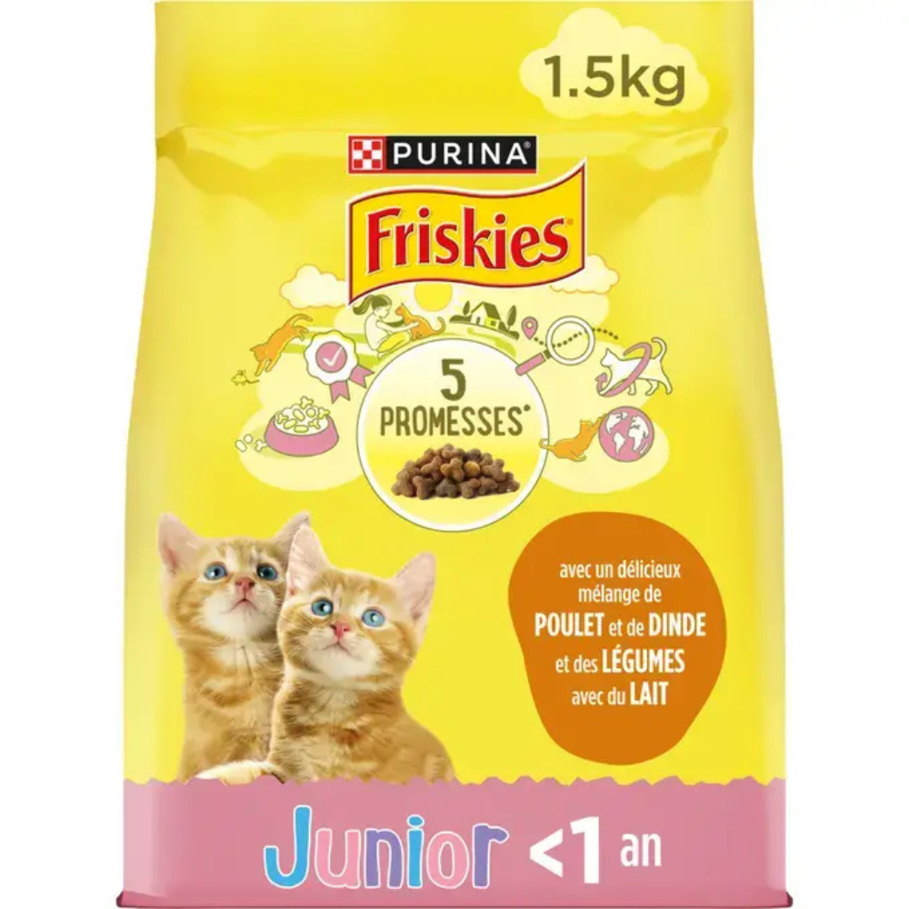 FRISKIES ® JUNIOR Pour CHATONS - Croquettes avec un délicieux mélange de Poulet et de Dinde avec du Lait - 1.5kg