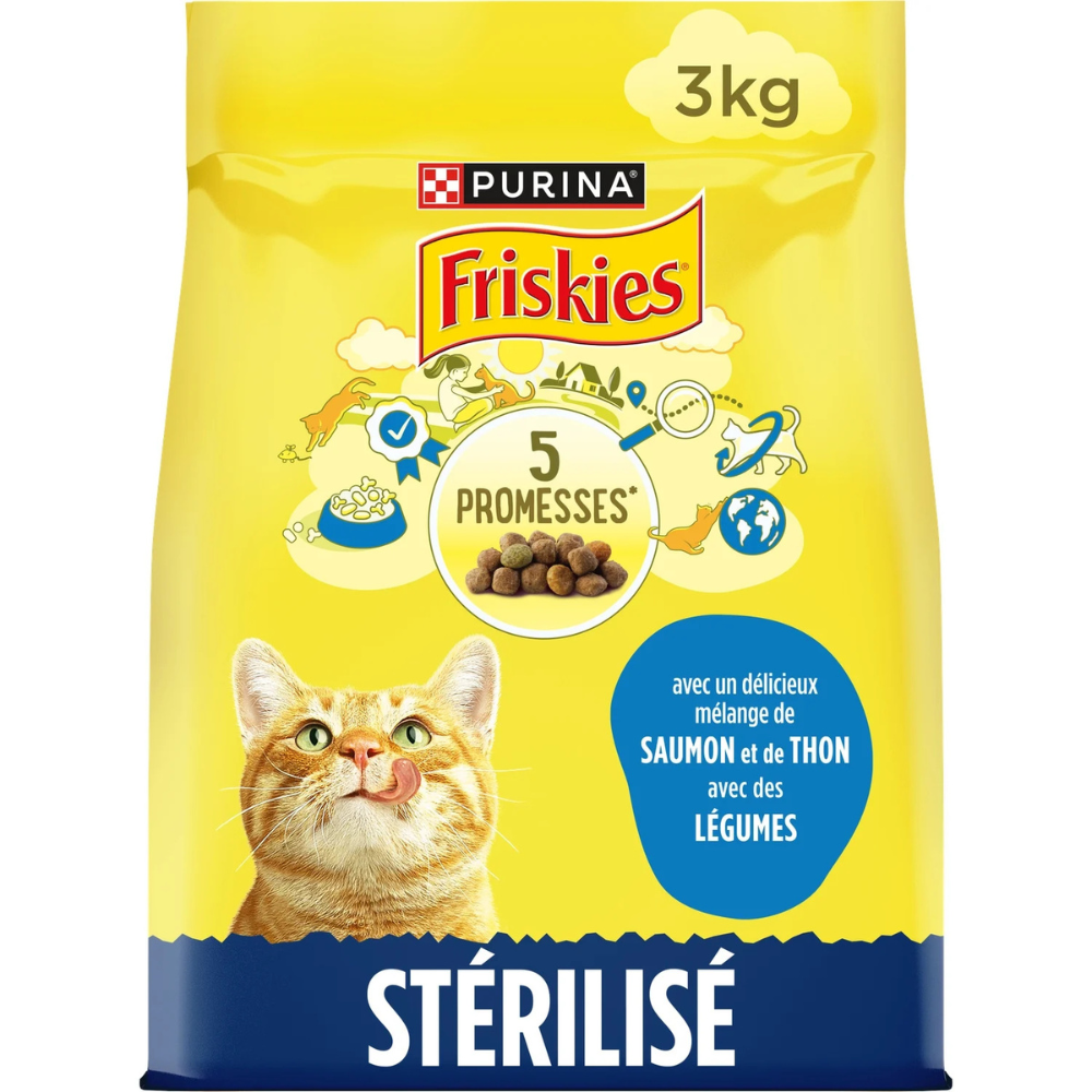 FRISKIES ® Pour Chat Stérilisé - Croquettes avec un délicieux mélange de saumon et de Thon avec des Légumes - 3kg