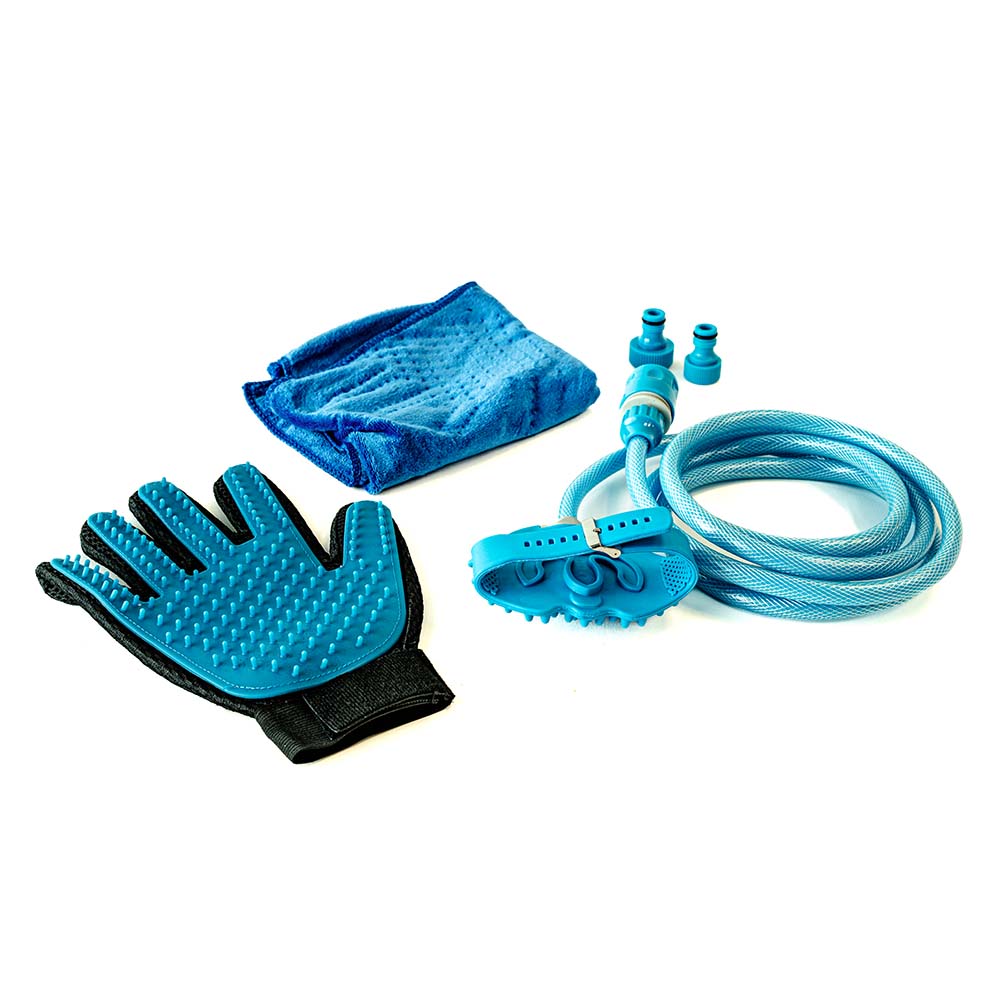 Dog Bath Kit – 5 Accessories with Towel, Glove and Hose