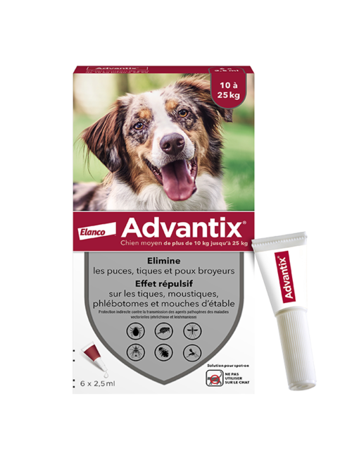 ADVANTIX moyen chien 10-25kg -  6 Pipettes Anti-Puces et Anti-Tiques