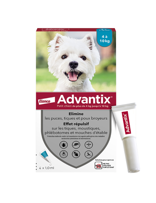 ADVANTIX petit chien 4-10kg - 4 Pipettes Anti-Puces et Anti-Tiques - 1ML
