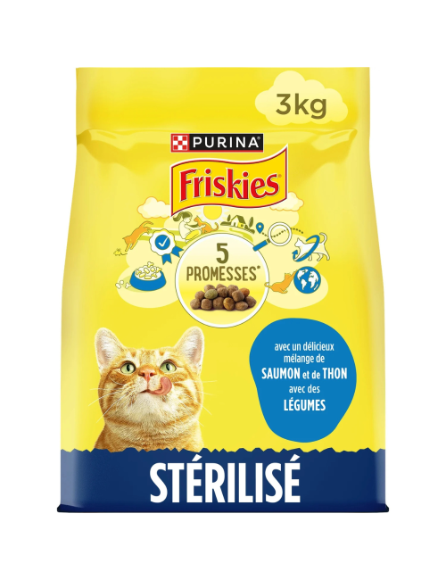 FRISKIES Pour Chat Stérilisé - Croquettes avec un délicieux mélange de saumon et de Thon avec des Légumes - 3kg