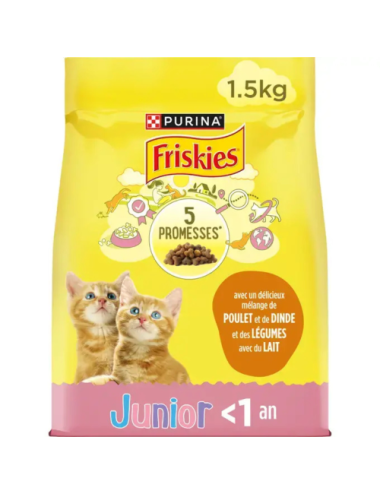 FRISKIES JUNIOR Pour CHATONS - Croquettes avec un délicieux mélange de Poulet et de Dinde avec du Lait - 1.5kg