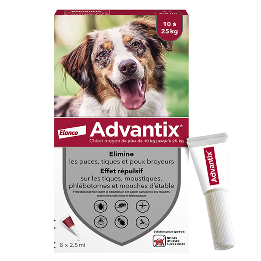 ADVANTIX moyen chien 10-25kg -  6 Pipettes Anti-Puces et Anti-Tiques